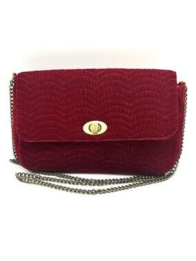 Burgundy Velvet Quilt Crossbody Evening Dress Purse Formal Scalloped Design